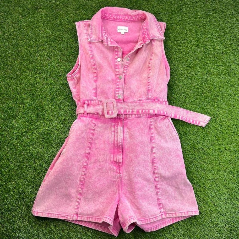 Avec Les Filles Pink Acid Wash Denim Romper Belted Sleeveless Womens XL